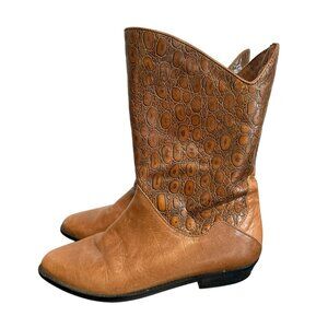 Vtg 90s Tan Leather Short Mid Calf Cowboy Boots Womens Size 37 US 7 Animal Print